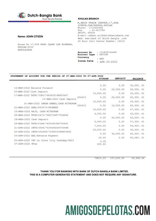Exemplo de extrato bancário de Bangladesh holandês Bangla